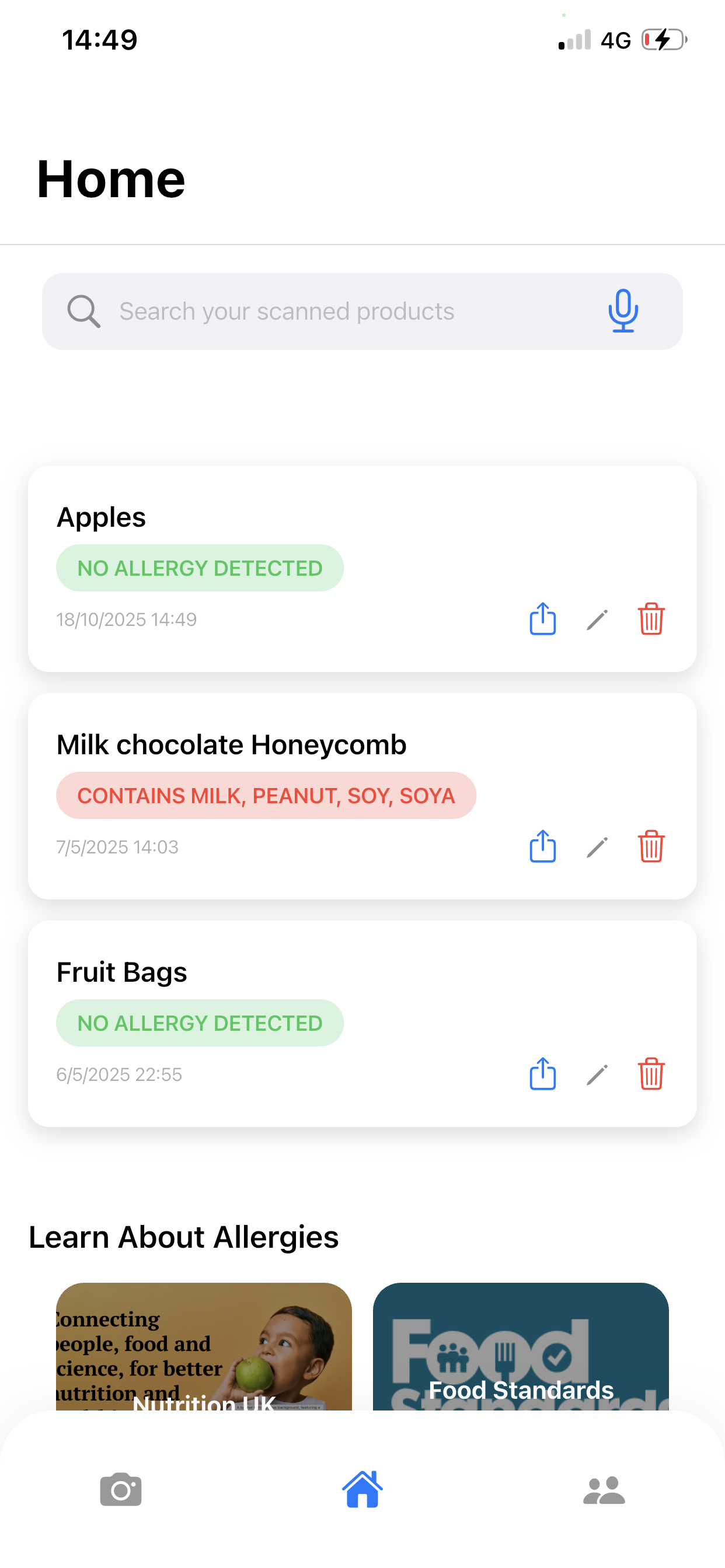 Allergy Scanner app home screen